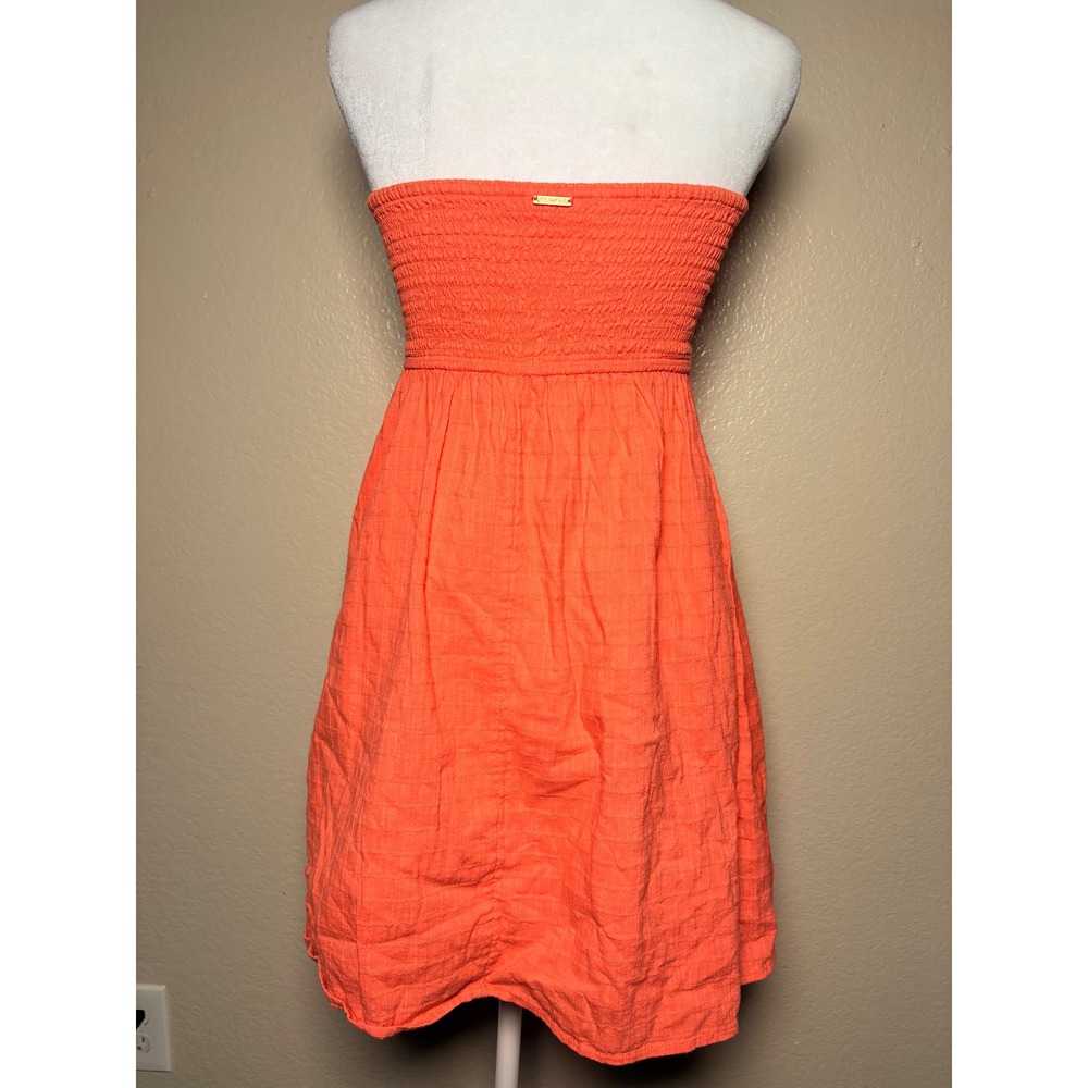 Y2K Billabong Strapless Smocked Mini Dress Coral Orange Textured L/G #8 - Picture 2 of 4